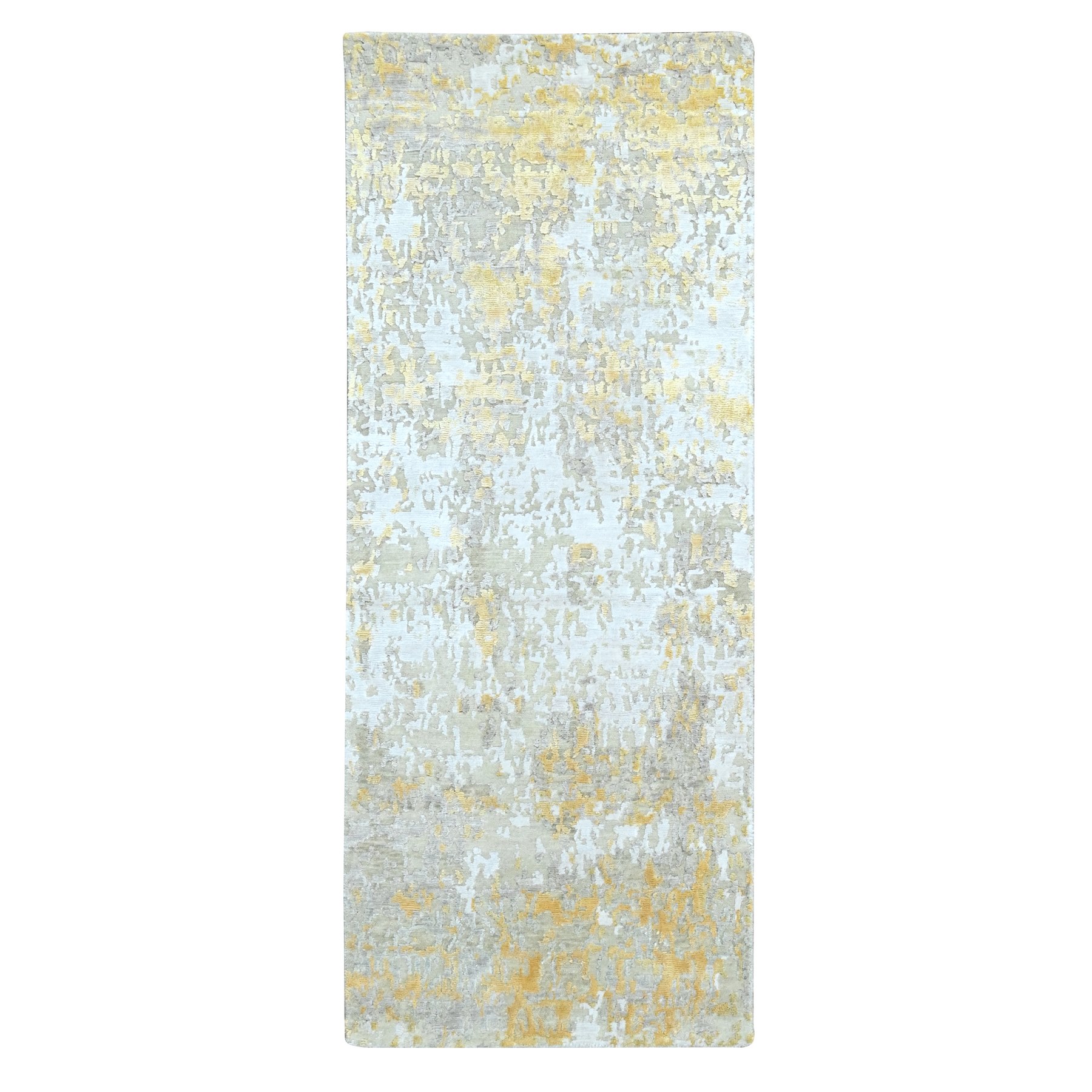 Beige with Gold, Abstract Design, Wool and Silk, Hi-Low Pile, Denser Weave, Hand Knotted, Runner, Oriental Rug